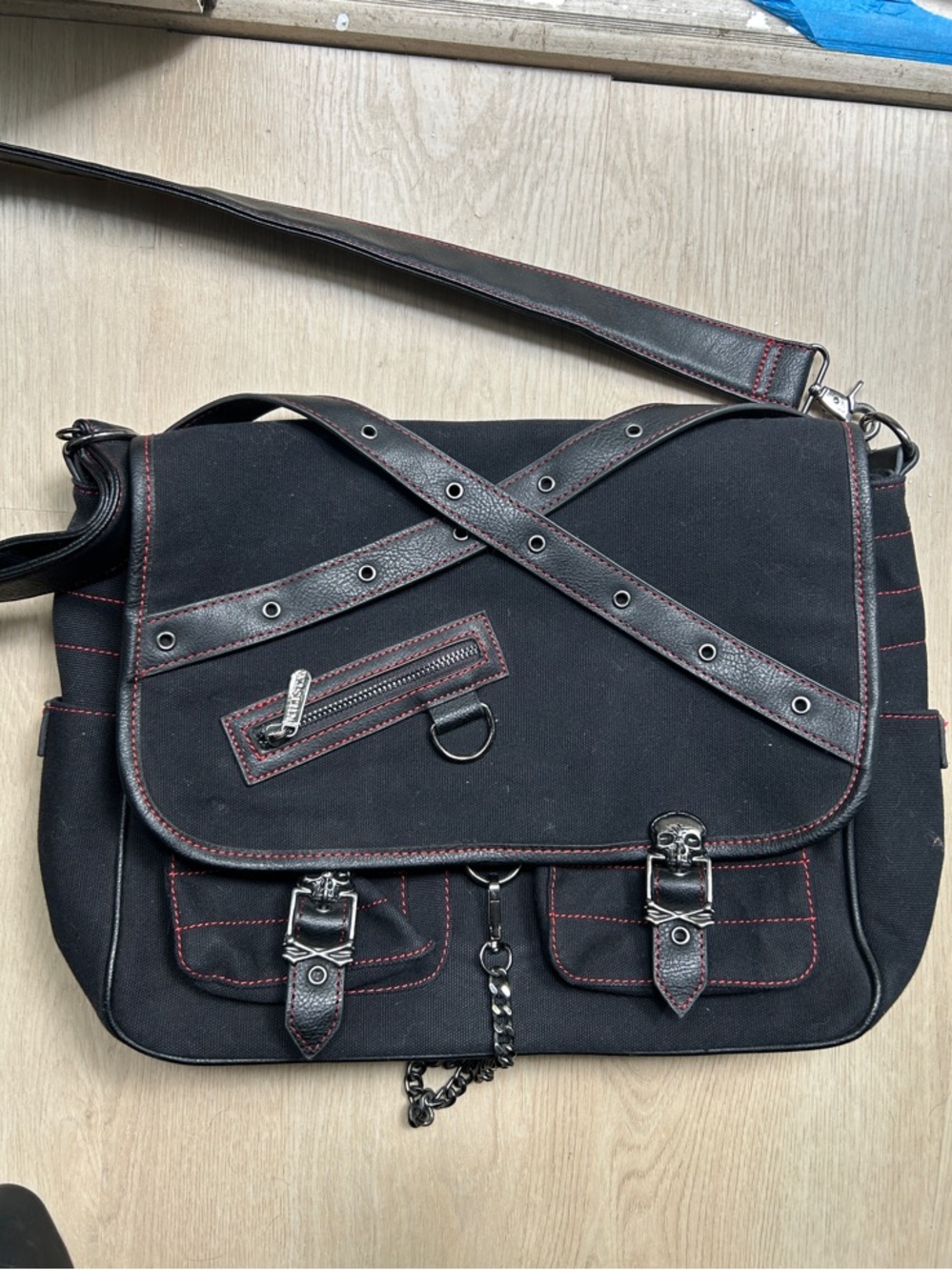 Killstar Black Canvas Messenger Bag with Red Stitching